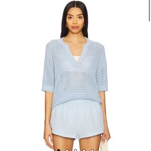 Varley Callie Knit Top 100% Cotton Light Blue V Neck Size L Spring Crochet